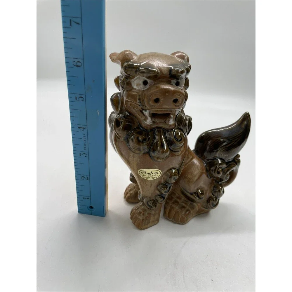 Pair 2 Andrea Sadek Brown Ceramic Asian Foo Dog Lion Figure Dragon Statue Japan